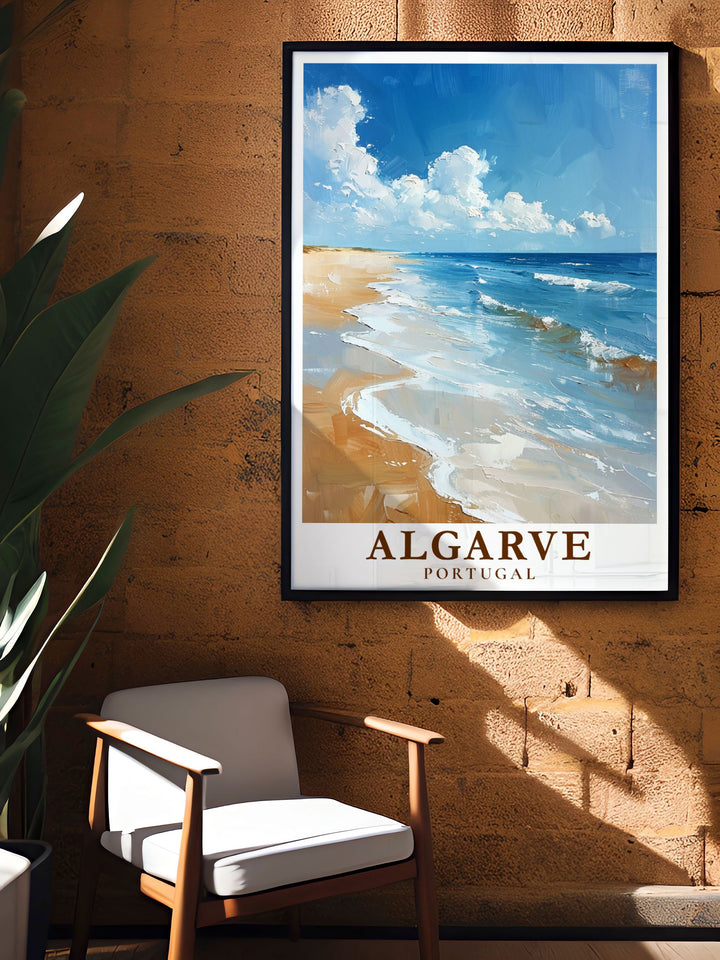 Highlighting the serene Algarve Beach, this poster showcases Portugals breathtaking coastal beauty, making it a perfect addition for those who appreciate scenic travel art.