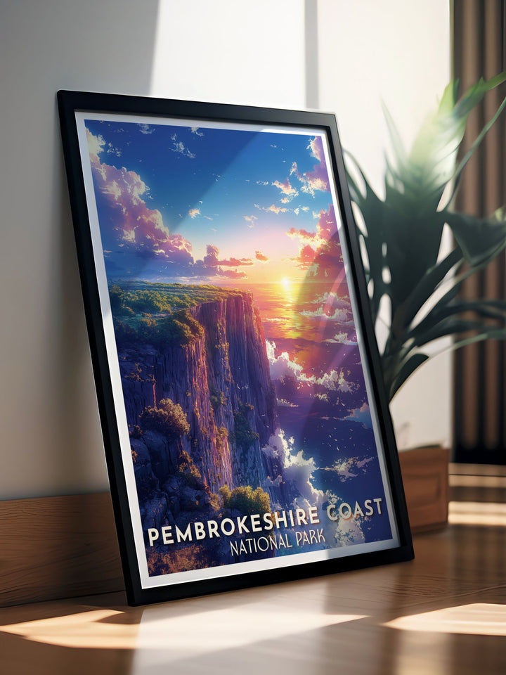 Vintage travel print of cliffs in Pembrokeshire Wales highlighting the majestic landscape with Art Deco elements perfect for adding a touch of elegance to your wall art collection and celebrating the beauty of British national parks.