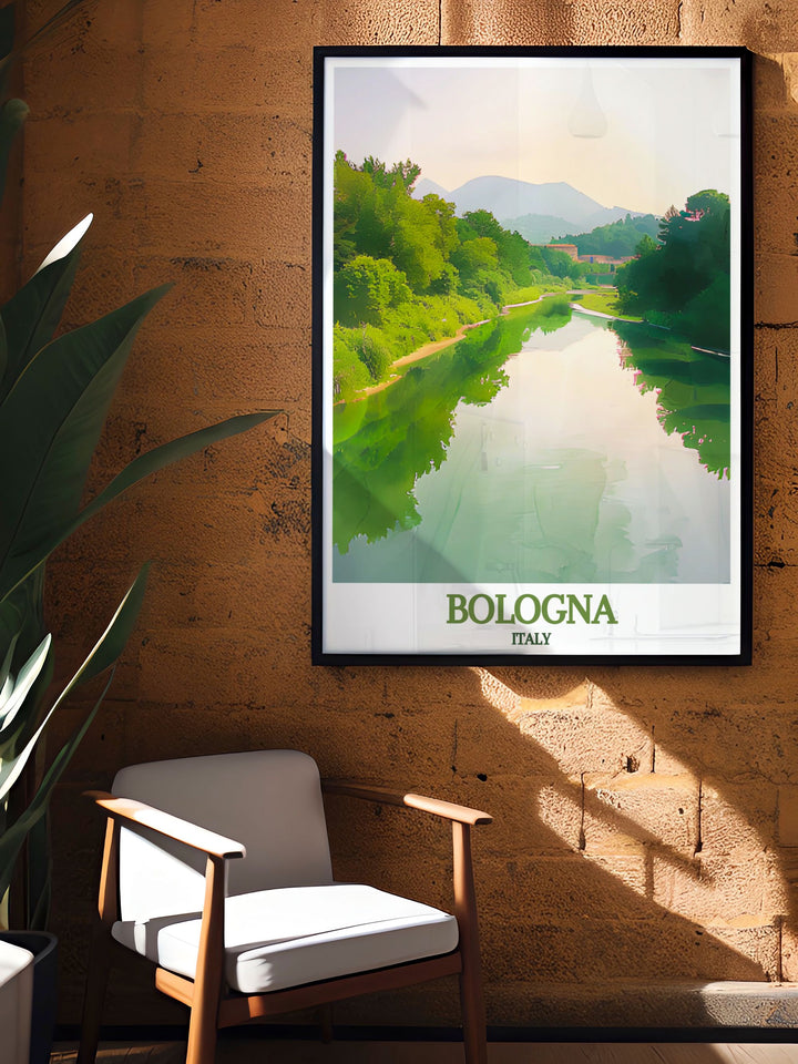 Unique artwork of Bologna featuring its iconic streets and the serene landscapes of the Reno River, perfect for personalized gifts or home decor. This print captures the essence of Italys cultural heart.