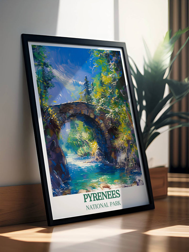 Retro travel poster art of Pont dEspagne capturing the breathtaking views of the French Pyrenees a perfect addition to any home decor collection.