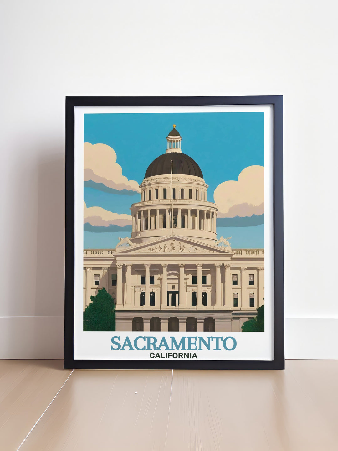 Black and white Sacramento Photo with the California State Capito presented in a detailed street map style perfect for enhancing any living room or office decor a great gift idea for city lovers and art enthusiasts.