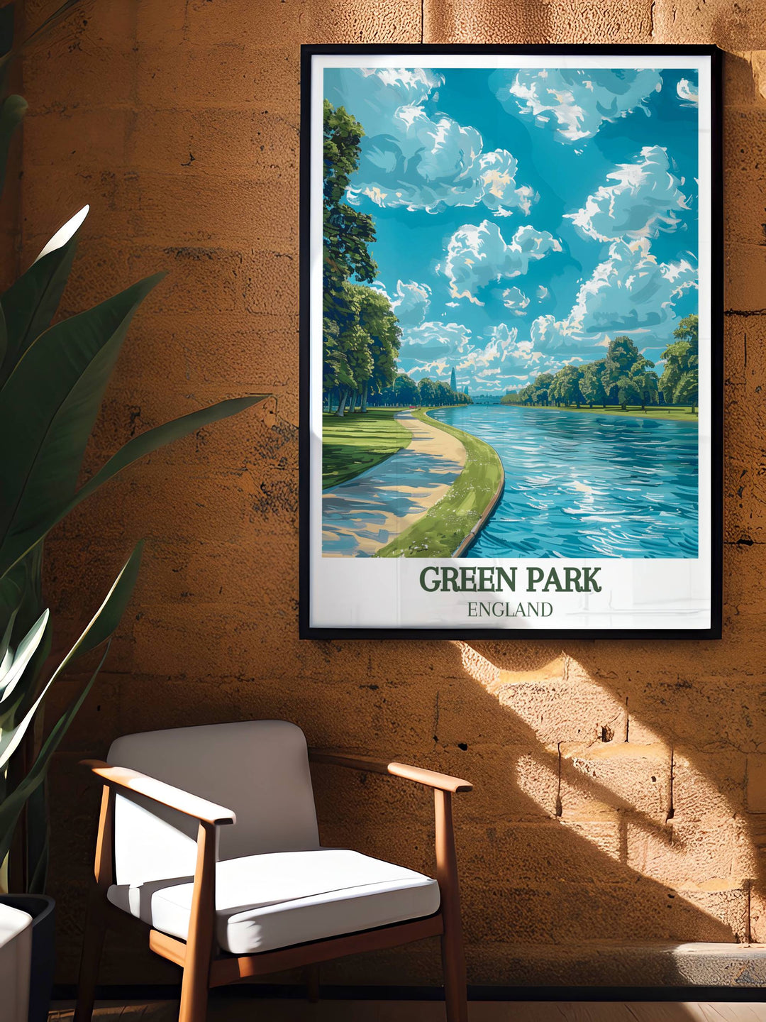 Captivating poster of Green Park London featuring the Princess of Wales Memorial Walk, showcasing the tranquil paths and lush greenery, ideal for enhancing any living space with elegant London wall art.