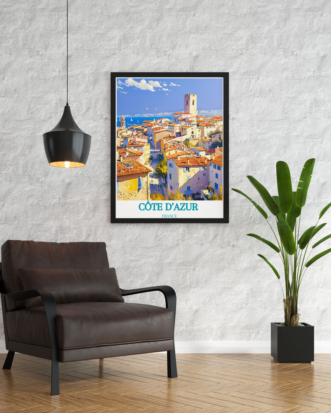 Vintage poster of the Côte dAzur, featuring the iconic Old Town of Antibes, France. This piece captures the timeless beauty of the region with its charming streets, ancient walls, and azure waters, evoking the charm of the Mediterranean coast.