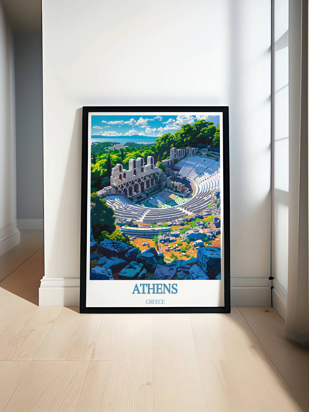 Theatre of Dionysus art print capturing the ancient seats and stage where Greek drama was born, nestled under the Athenian sky.