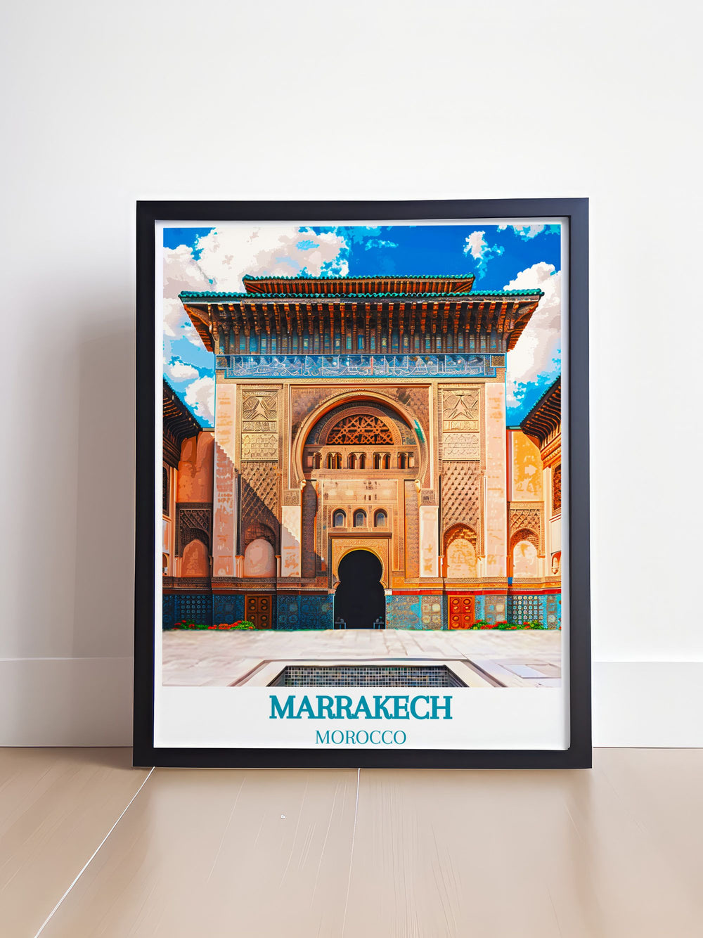 Highlighting the serene beauty of Moroccos beaches, this poster features golden sands and tranquil waters, ideal for those who love coastal escapes.