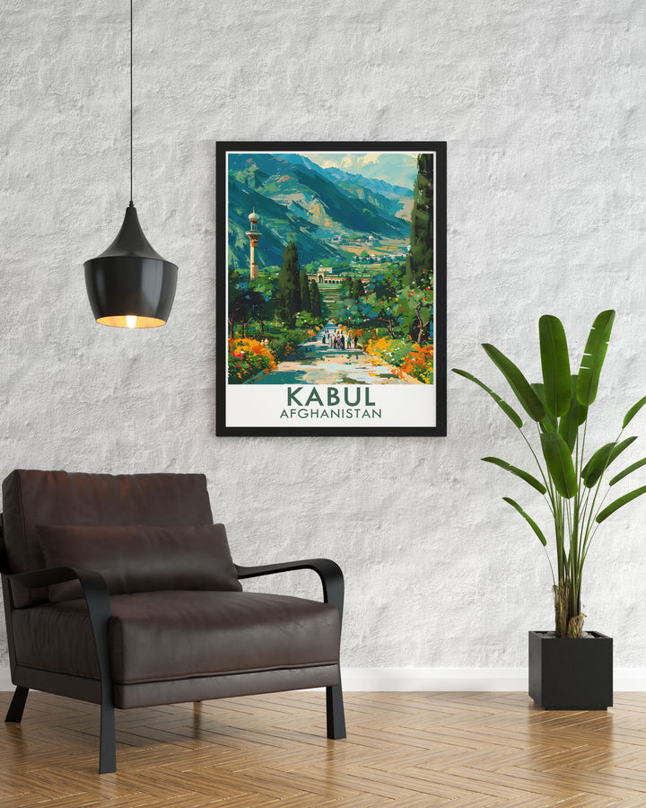 Poster of Baburs Garden in Kabul, showcasing the detailed restoration work that has preserved its original Mughal design. The gardens beauty and tranquility are captured in this vibrant art piece, perfect for home decor.