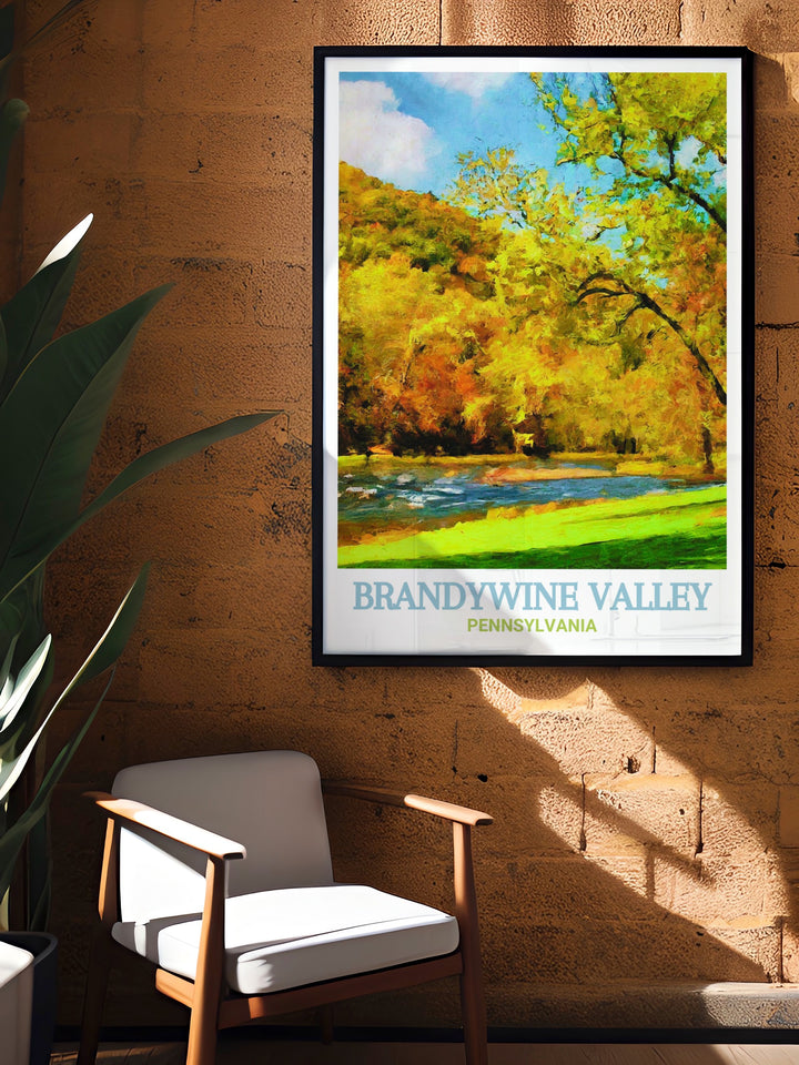 The lush landscapes of Brandywine Creek State Park and the rolling hills of Brandywine Valley are elegantly depicted in this travel poster, making it a stunning addition to any room, celebrating Pennsylvanias scenic and historical landmarks.