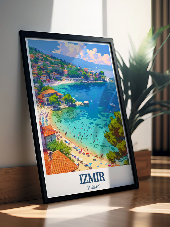 This art print of Akkum Beach and the Atlantis Peninsula offers a stunning representation of Izmirs most iconic landmarks, ideal for travel enthusiasts and art collectors.