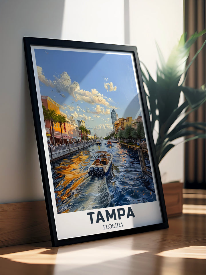 Tampa Riverwalk Poster Print captures the essence of this Florida city with its vibrant waterfront and modern skyline. This travel print is perfect for those who love Tampa or wish to celebrate its charm through unique wall art.