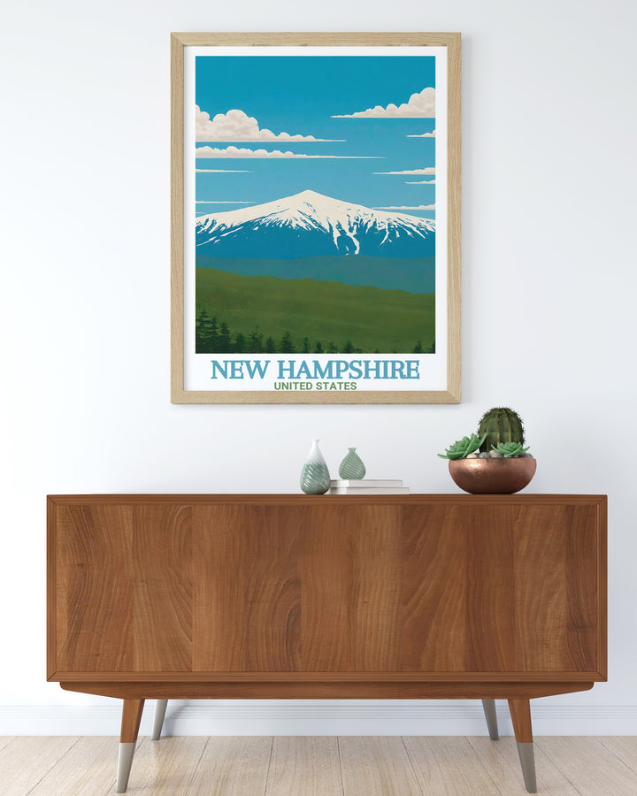 Add a piece of New Hampshires wilderness to your home with this Mount Washington Travel Print, capturing the highest peak in the northeastern USA. Ideal for adventurers and lovers of scenic landscapes.