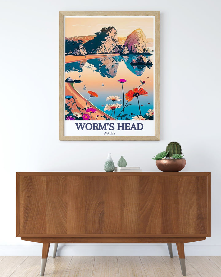 Three Cliffs Bay Print captures the dramatic landscape of Wales most iconic coastal landmarks, featuring Worms Head and the Gower Peninsula. This framed art is perfect for nature enthusiasts and travelers, offering a timeless piece of décor.