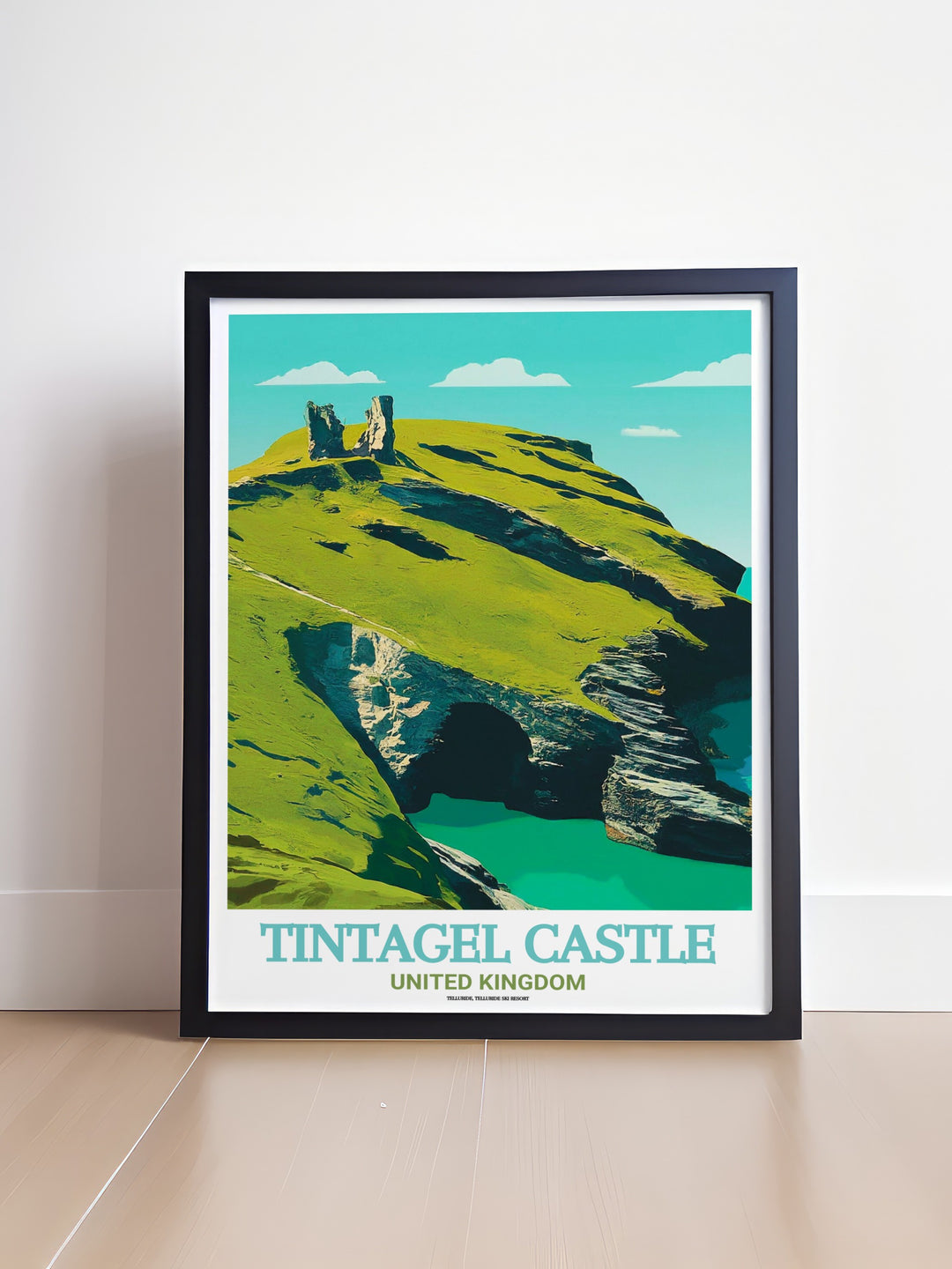 Vintage Poster of Tintagel Castle and Merlins Cave, offering a timeless look at one of the UKs most beloved landmarks. The dramatic scenery and rich history make this artwork a standout addition to any collection.