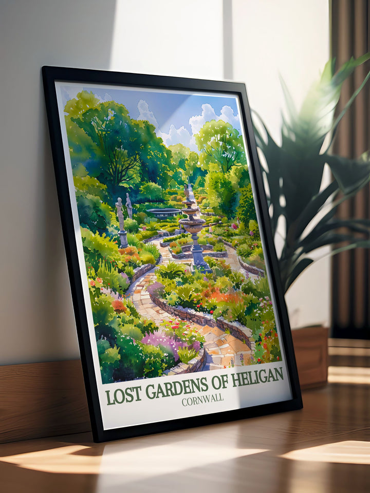 Captivating Heligan Travel Print highlighting the lush greenery and historical charm of the Lost Gardens Heligan complemented by Italian garden Productive gardens perfect for nature lovers