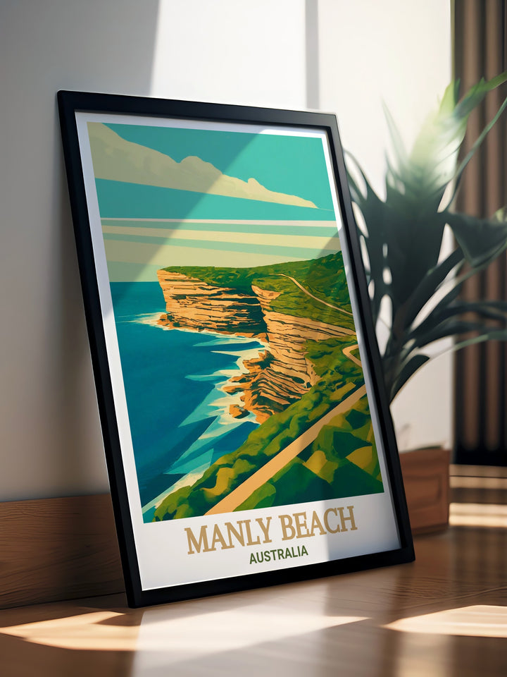 This elegant Manly Beach Poster Print captures the serene charm of Australias famous beach, while also highlighting the lush greenery of North Head Sanctuary. A beautiful addition to any home or office.