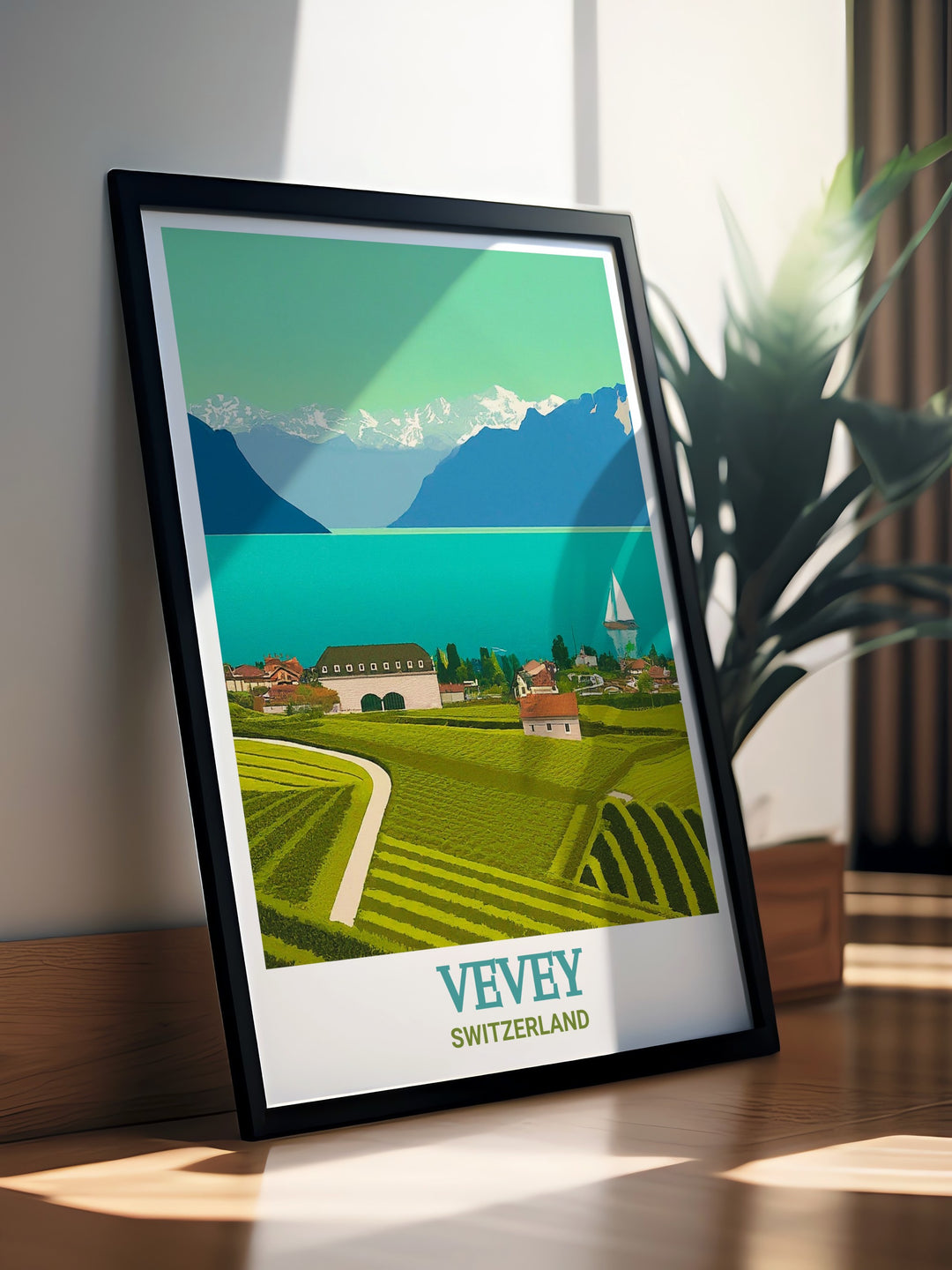 Vevey wall art showcasing the towns serene lakeside views, blending historical charm with natural beauty. This Switzerland travel print is a perfect gift for those who want to bring a touch of the Swiss Riviera into their homes.