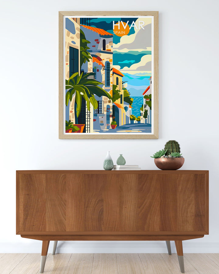 Custom print of St. Stephens Square in Hvar, illustrating its architectural beauty and historical charm. This detailed piece is perfect for history enthusiasts and art lovers, capturing the timeless appeal of Hvar.