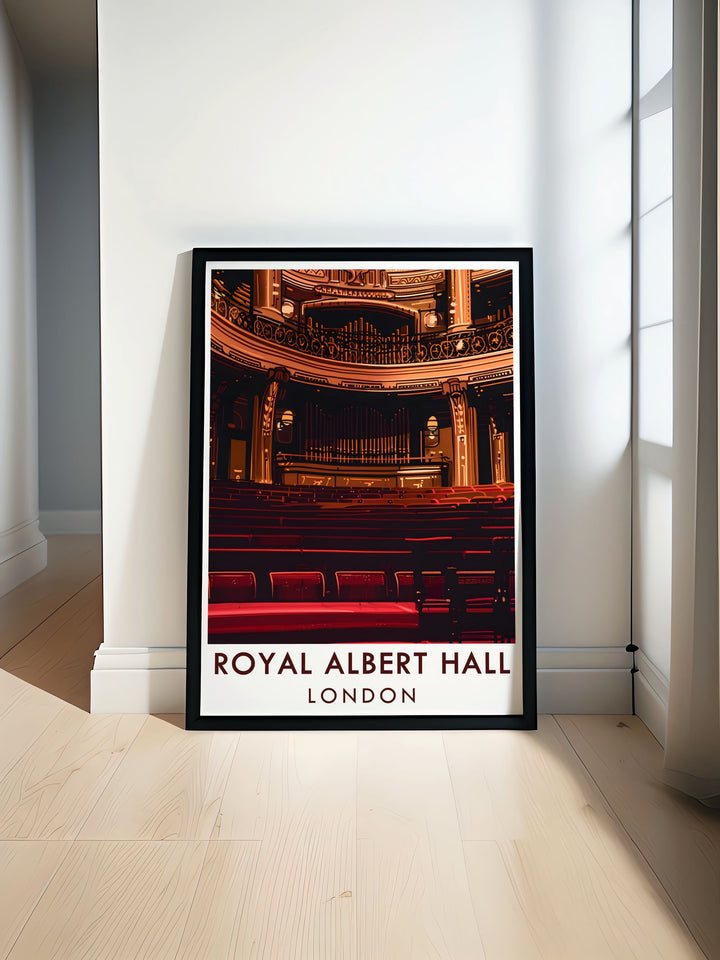 Royal Albert Hall London travel poster featuring stunning architecture and vibrant theatre scene perfect for home decor or as a London gift includes elegant Art Deco design and intricate details of the Auditorium