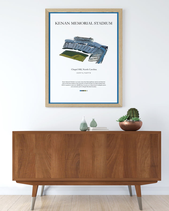 College football enthusiasts will love this Kenan Memorial Stadium travel poster featuring UNC Tar Heels. The stunning print is a perfect gift for students alumni or anyone looking to decorate their dorm rooms with Chapel Hill sports pride.