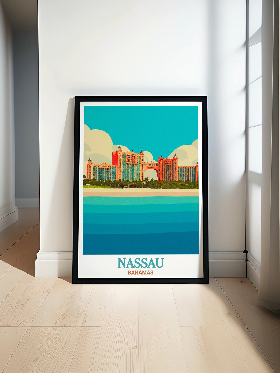 Nassau Poster featuring the Atlantis Resort, a vibrant depiction of the Bahamas premier vacation spot. This travel art captures the grandeur of Atlantis and the serenity of the surrounding Caribbean waters, making it a must have for lovers of tropical destinations.