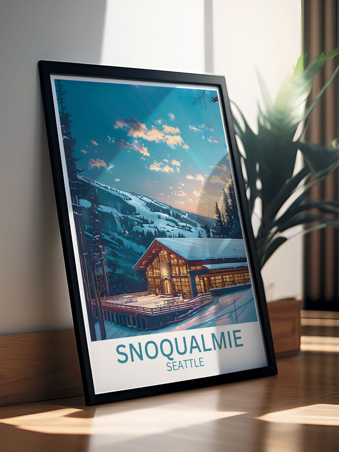 Discover the picturesque landscape of The Summit at Snoqualmie with this exquisite travel poster, illustrating the pristine snow and dramatic peaks.