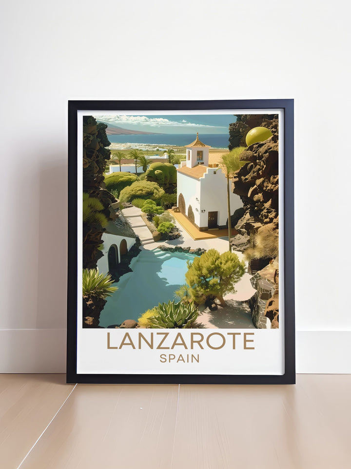 Featuring the iconic Cesar Manrique Foundation, this poster highlights the architectural genius of Manrique, showcasing his harmonious integration of art and nature within Lanzarotes dramatic volcanic scenery, ideal for any art lovers collection.