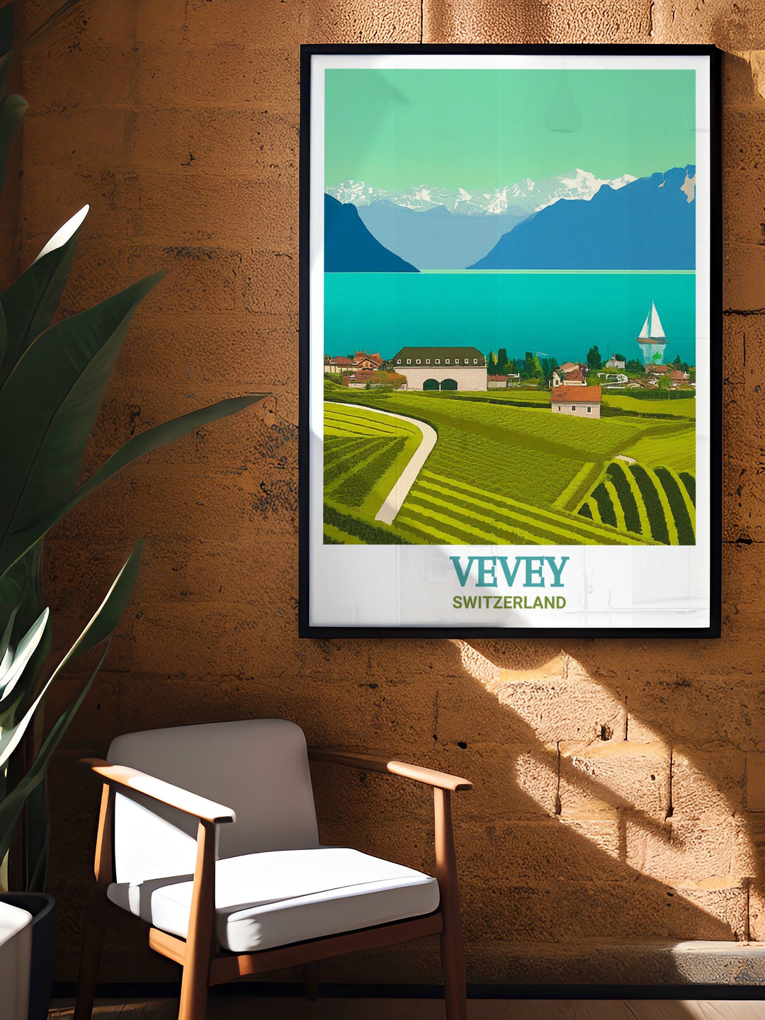 Vevey travel print capturing the stunning beauty of Lake Geneva with its calm waters reflecting the surrounding Alps. This Switzerland artwork perfectly showcases the serene landscapes of the Swiss Riviera, making it ideal for home décor or as a Switzerland gift.