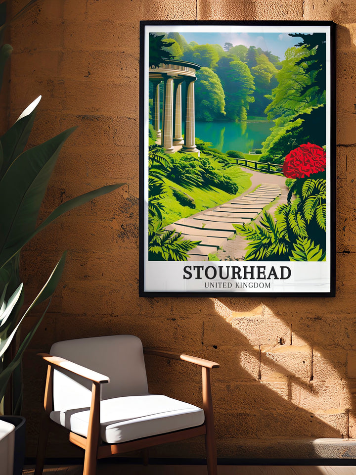 National Trust Travel Poster featuring Stourhead Gardens in Wiltshire, UK, with the iconic Temple of Apollo and River Stour, a perfect gift for lovers of British landscapes and classical design.