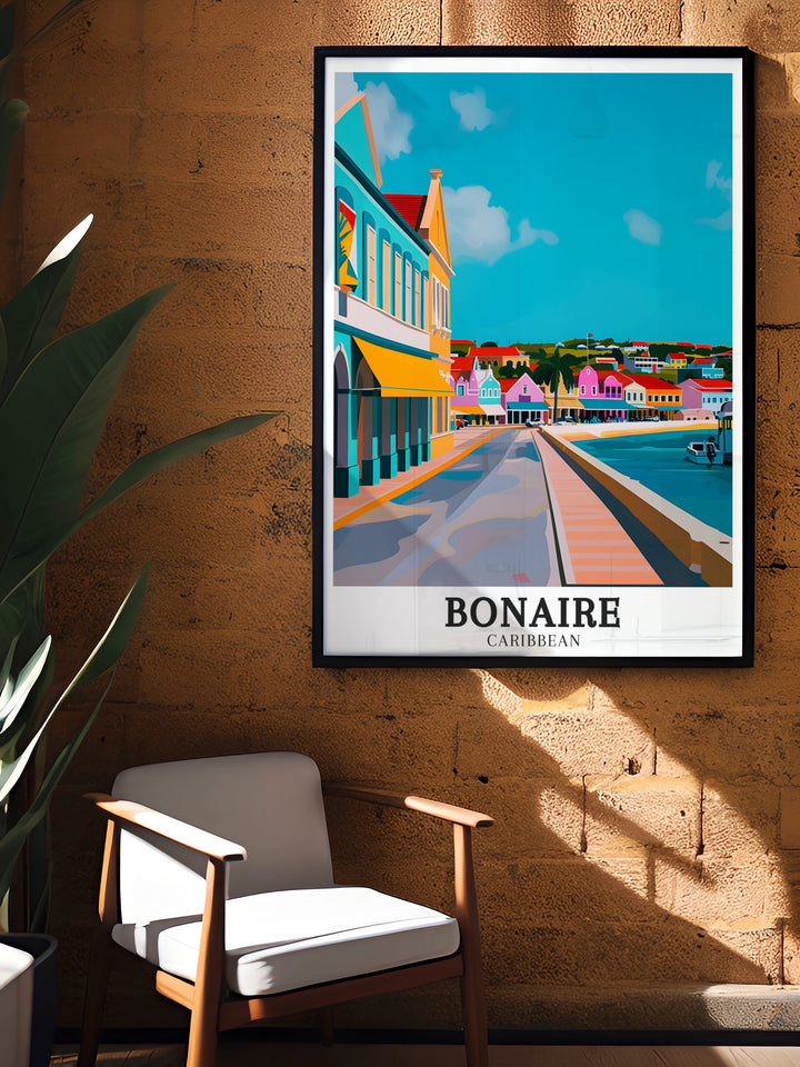 Bonaire Canvas Art presents a detailed look at the vibrant Caribbean island of Bonaire, with its lively Downtown Kralendijk and beautiful coastline. A perfect print to brighten up any room.