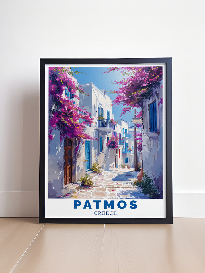 Elegant home decor featuring Patmos travel gift and Chora framed prints designed to bring the beauty of Greece into any home a timeless piece that blends vibrant colors with the serene atmosphere of the Patmos islands perfect for any occasion