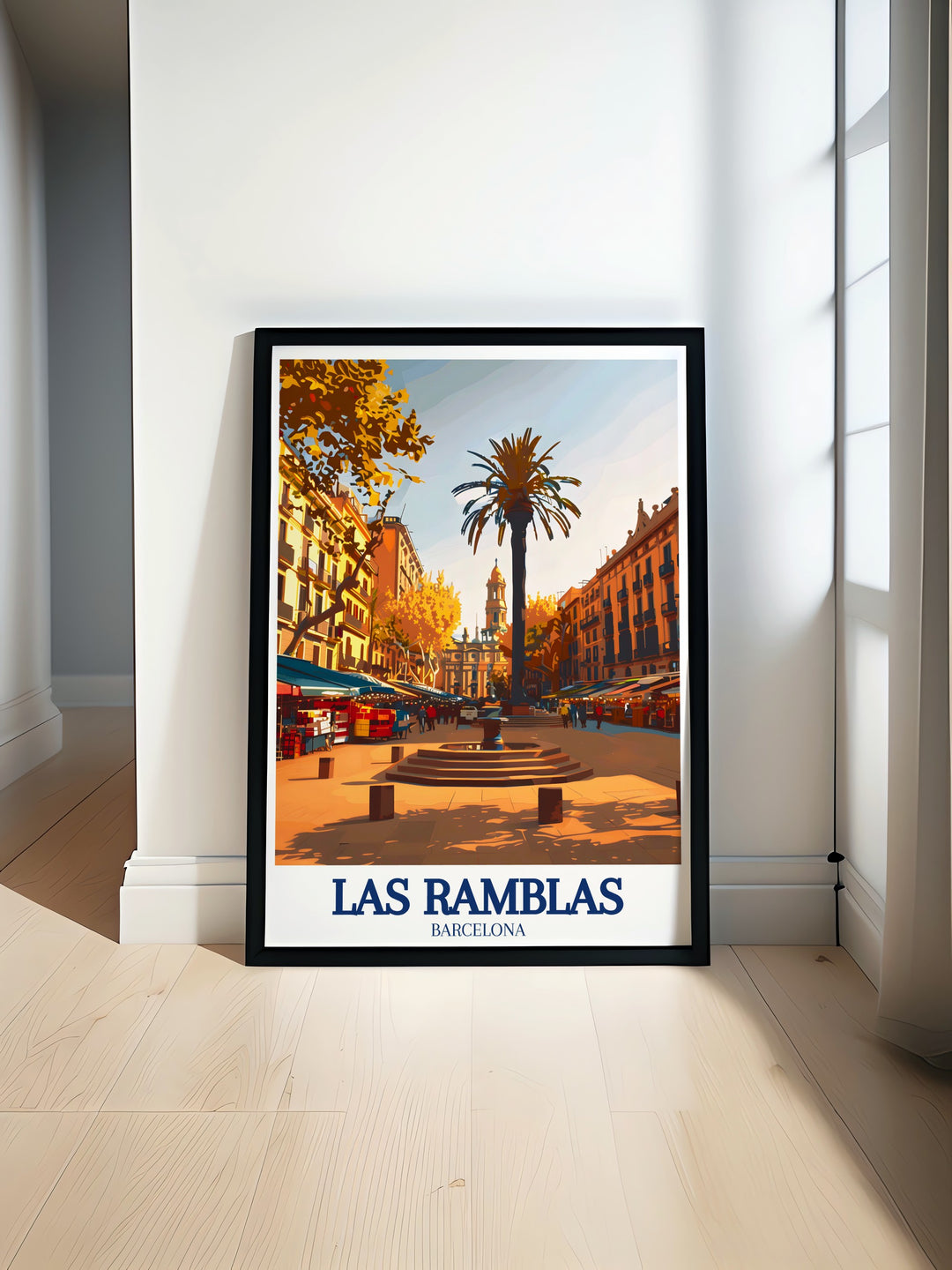 A vibrant travel poster of Las Ramblas in Barcelona, showcasing the bustling streets, street performers, and lively atmosphere. This poster brings to life the colors and energy of Spains most famous boulevard, perfect for home decor or as a Spain themed gift for anyone who loves Barcelonas iconic streets.