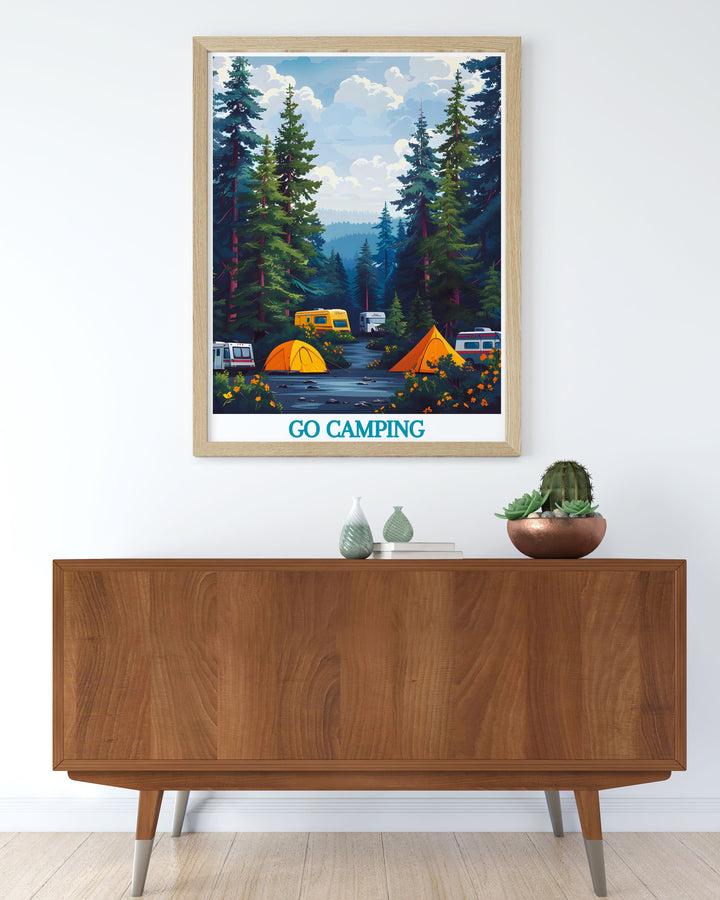 Scenic art piece of a camper van in a national park, emphasizing the adventure and tranquility of camping in nature, ideal for those who love outdoor activities and travel.