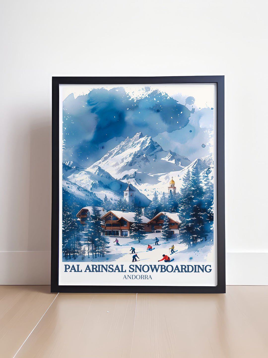 Ordino Arcalis Print showcasing the beauty of Andorras ski resorts Vallnord ski area and Sant Andreu church perfect wall decor for vintage ski enthusiasts blending elegance and adventure in stunning prints