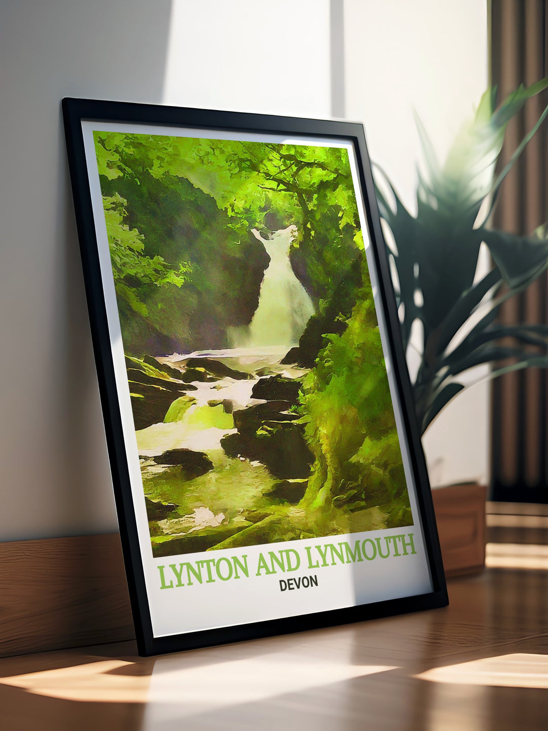 Stunning travel poster of Watersmeet in Lynton and Lynmouth, showcasing the beautiful convergence of rivers. A perfect gift for nature and art lovers.