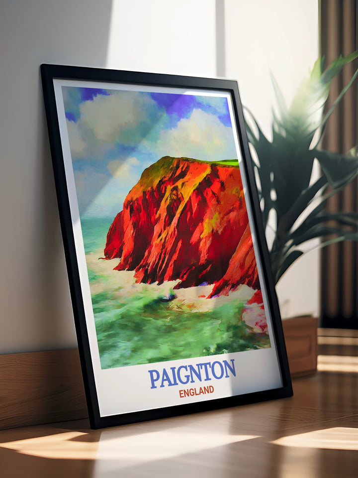 This Paignton Poster Print showcases the vibrant coastal town of Paignton in Devon alongside the scenic Roundham Head. The print captures the golden beaches, dramatic cliffside views, and tranquil waters, making it perfect for coastal themed home decor or as a gift for nature lovers.