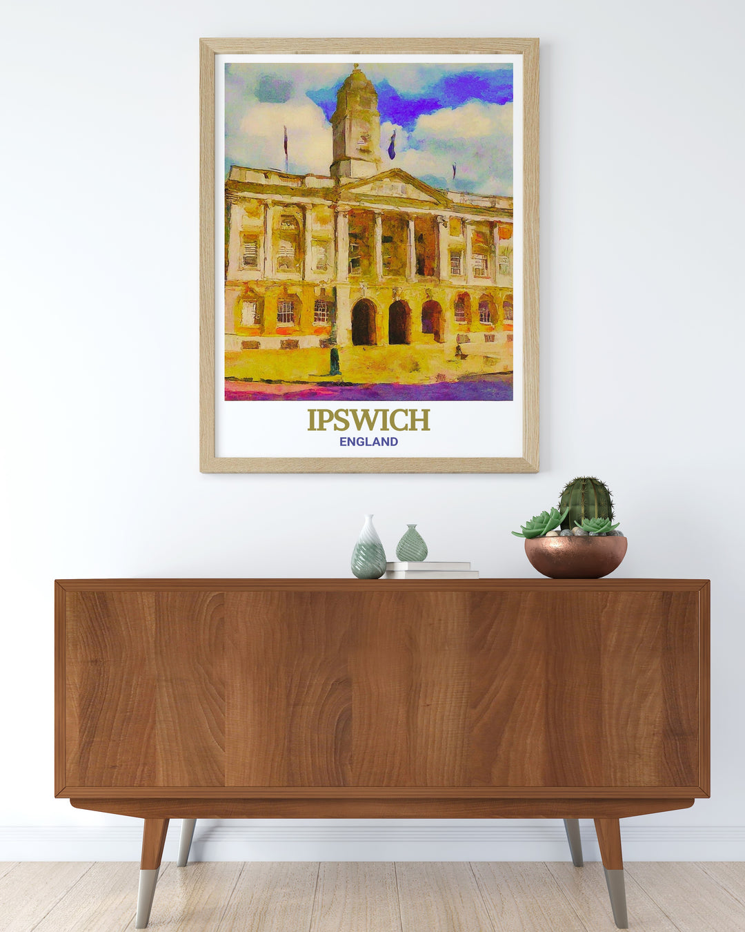 Ipswich Town Hall artwork is a beautiful addition to any home or office. This elegant UK wall print offers a timeless representation of English architecture and is perfect for those looking to add historic charm to their living room decor.