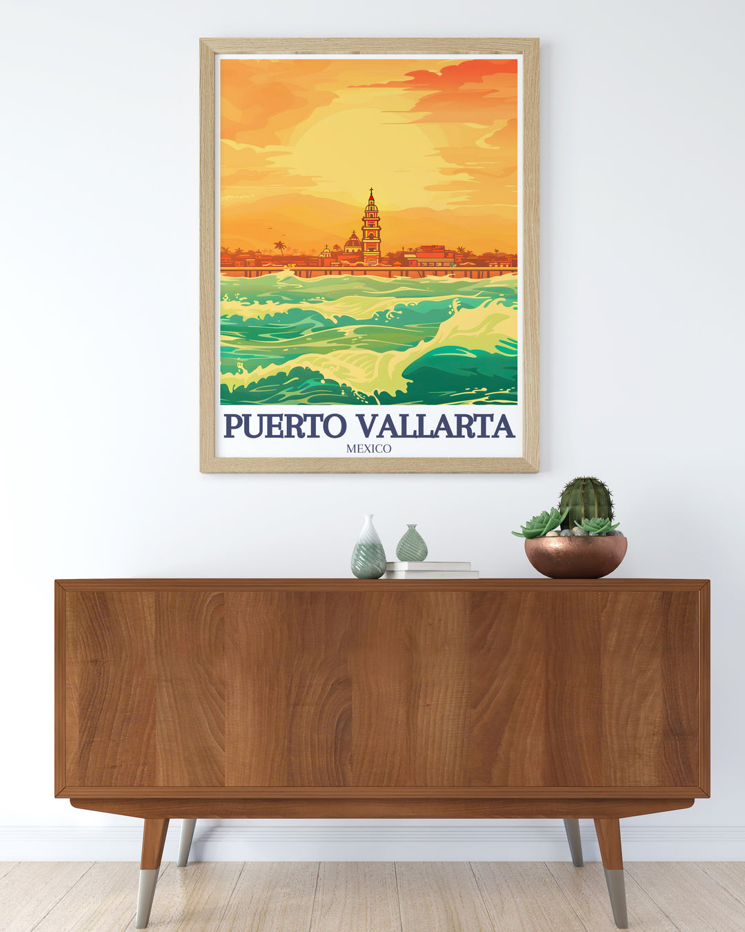 Capture the essence of Puerto Vallarta with this stunning art print, highlighting the citys iconic Malecón and the Church of Our Lady of Guadalupe. The minimalist design adds a touch of sophistication to any room, ideal for home or office decor.