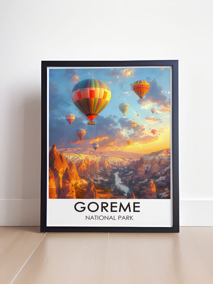 Showcasing the unique geological formations of Goreme National Park and the picturesque hot air balloons, this travel poster offers a beautiful representation of Cappadocia, Turkey, perfect for enhancing your space with exotic charm.