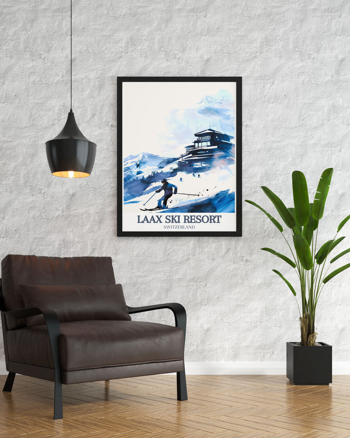 Flims Ski Poster featuring Crap Sogn Gion and the Flims Laax Falera ski resort ideal for lovers of Switzerland skiing snowboarding and alpine scenery who want to capture the beauty of the Swiss Alps and bring winter sports adventure into their home.