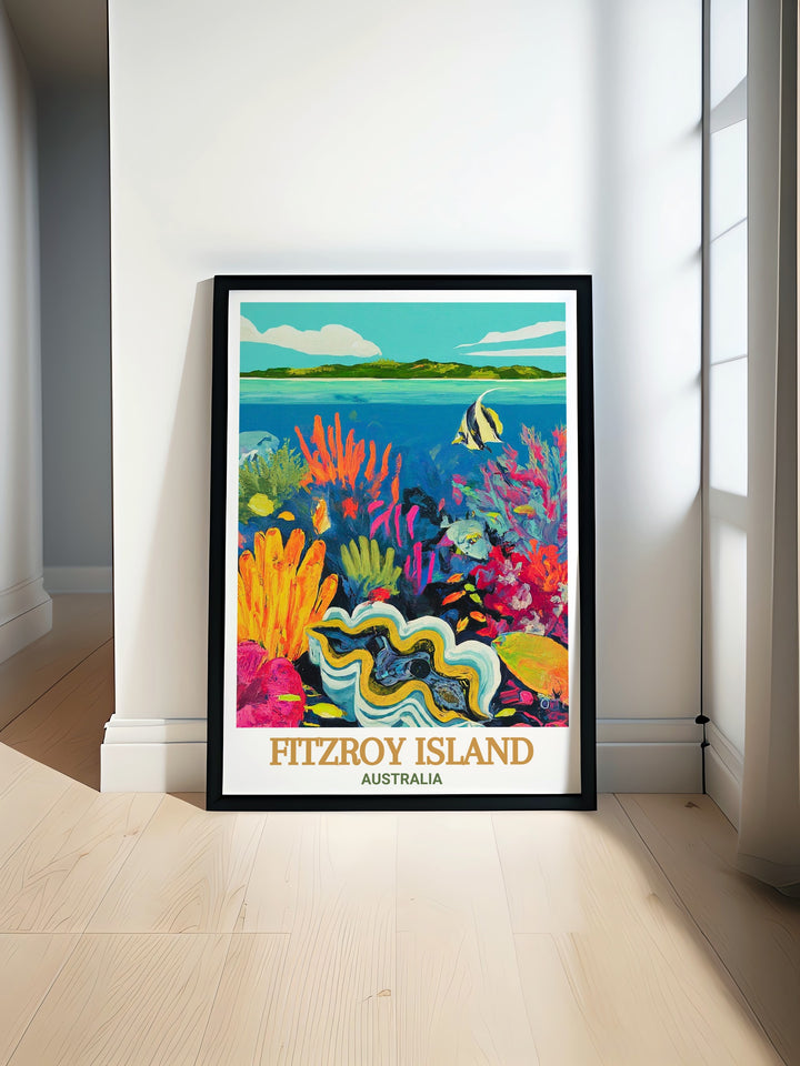 Fitzroy Island wall art captures the peaceful landscapes of this tropical destination, with its lush greenery and the vibrant marine life of the Giant Clam Gardens. This travel poster makes an excellent addition to any home, bringing a touch of nature indoors.