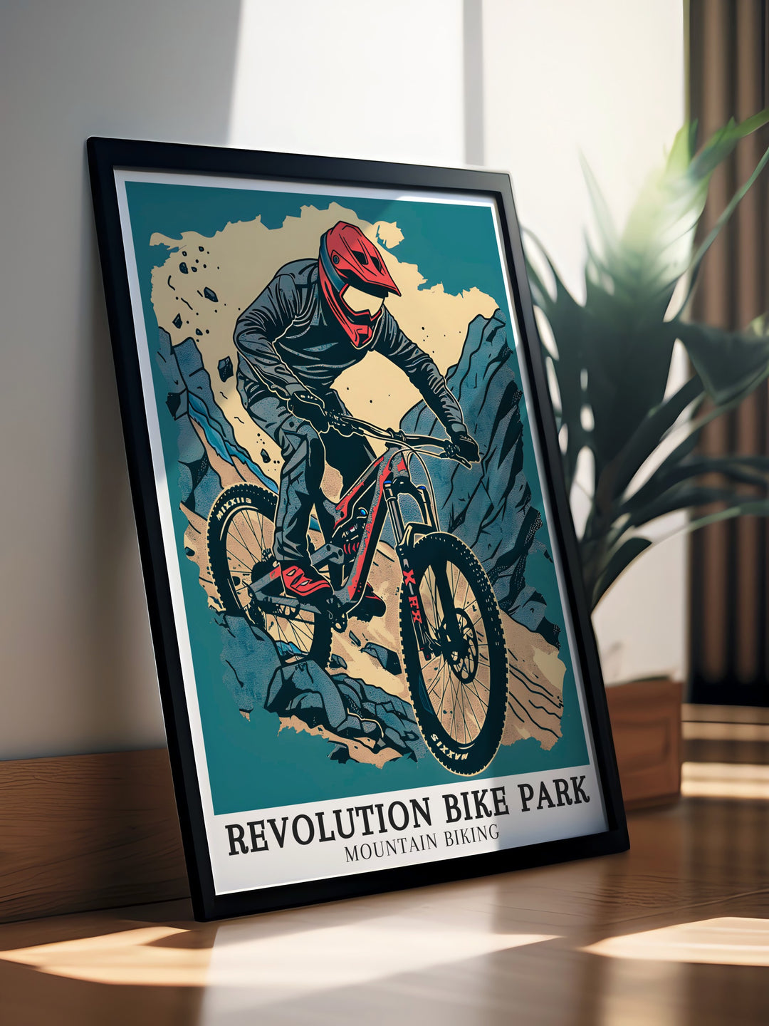 The Dark Side Trail at Revolution Bike Park. This mountain biking poster highlights the exciting terrain and breathtaking views of the trail. A great addition to any cyclists wall art collection.