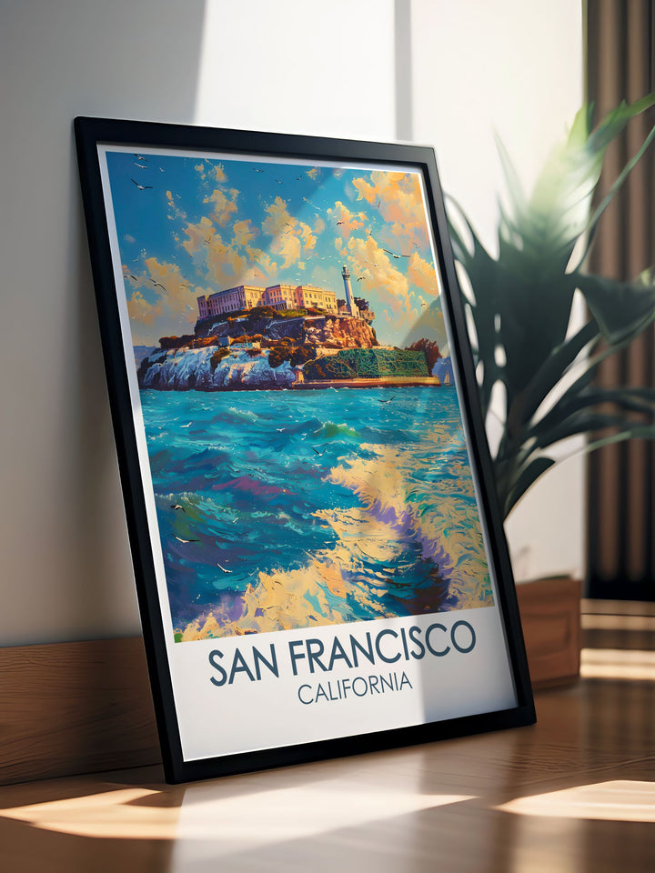 Bring a touch of San Franciscos fascinating past into your home with this Alcatraz Island Travel Poster. Featuring detailed illustrations of the historic prison, this print offers a perfect way to showcase your love for Californias history and scenic beauty.