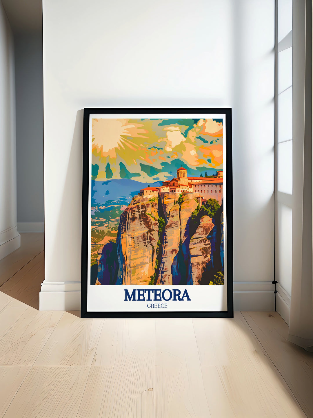 Highlighting the majestic Great Meteoron monastery and the surrounding landscape, this canvas art of Meteora captures the heart of Greeces stunning natural and cultural landmarks. The Peneus Valley adds a serene touch to this unique travel print.