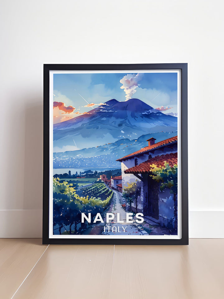 Mount Vesuvius Travel Poster featuring the serene beauty of the volcano as seen from Naples Italy. A perfect piece of art for nature lovers and those who appreciate Italys natural wonders.