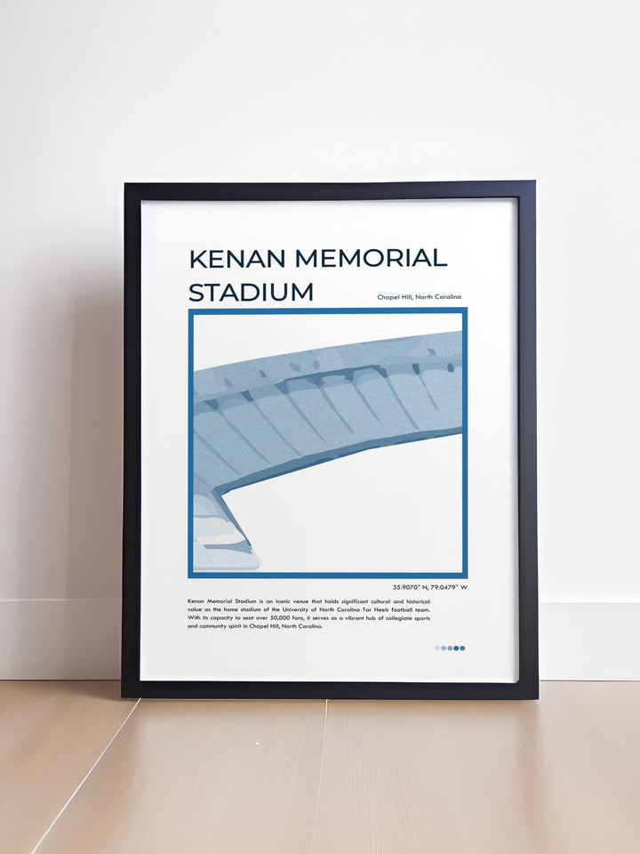 Celebrate UNC football with this Kenan Memorial Stadium wall art perfect for any sports fan. The bold colors and design of this UNC sports print make it a great addition to any home or office, ideal for Fathers Day gifts or alumni celebrations.