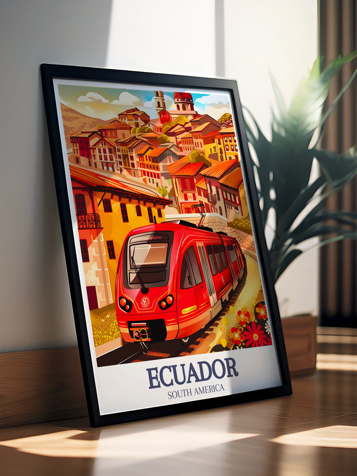 Quitos lively streets and historic architecture come alive in this art print, making it the perfect piece for those who love South American culture. With intricate details and vibrant colors, this poster is ideal for anyone looking to add a touch of Ecuadors capital to their home.