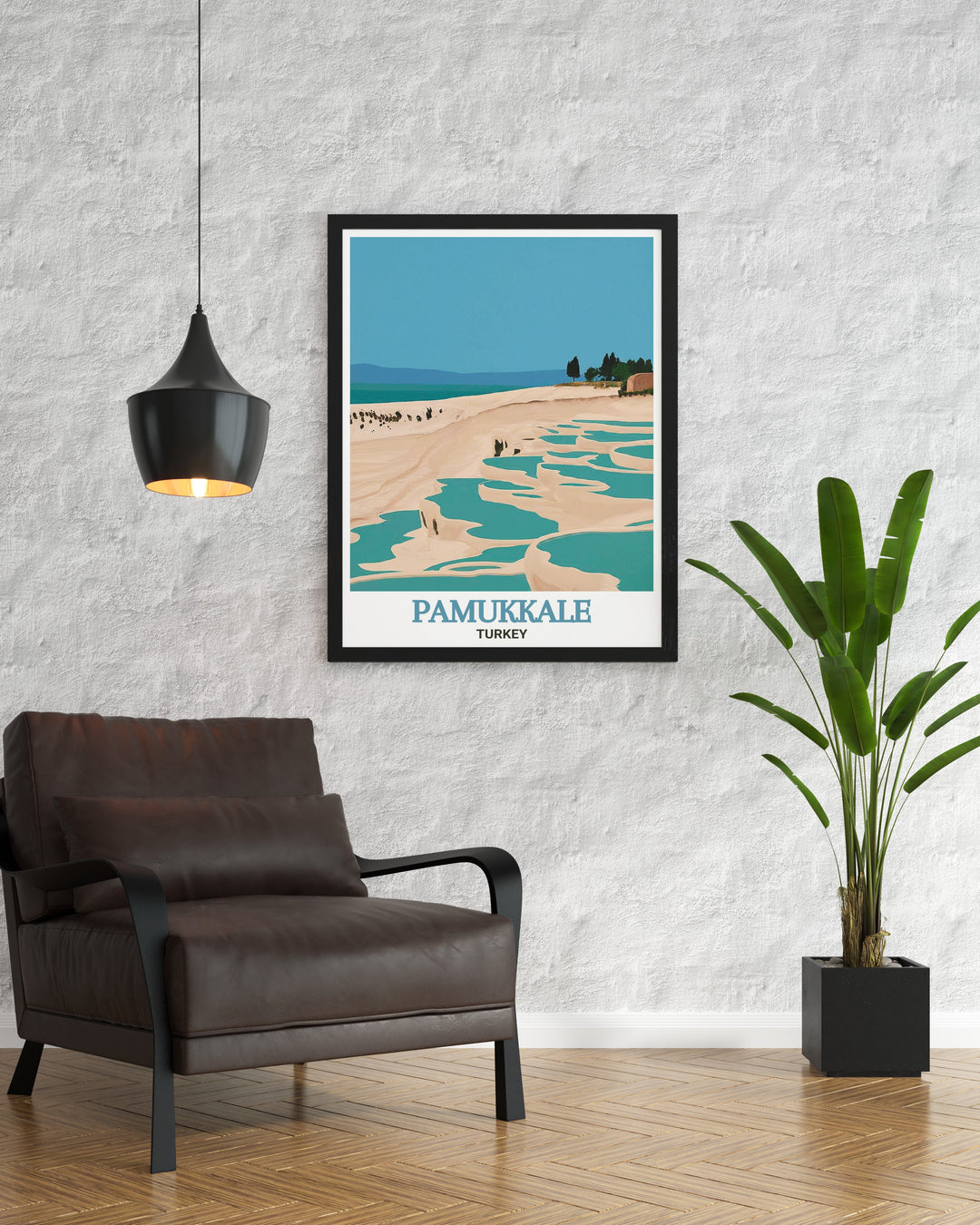 An art print of Pamukkale, showcasing the cascading white terraces and the crystal clear pools that have made it a beloved destination. This artwork captures the unique beauty of Pamukkale, making it a striking addition to your living space.