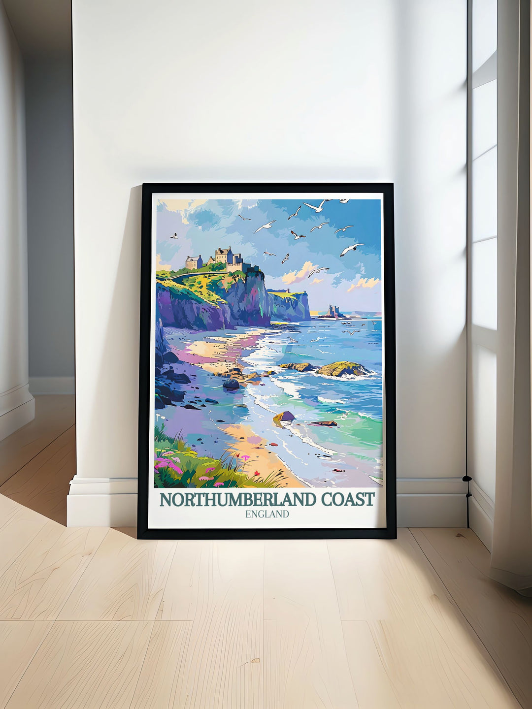Beautiful Northumberland Print featuring Bamburgh Castle and Dunstanburgh Castle on the scenic Northumberland Coast perfect for home decor and art lovers who appreciate the regions rich history and natural beauty