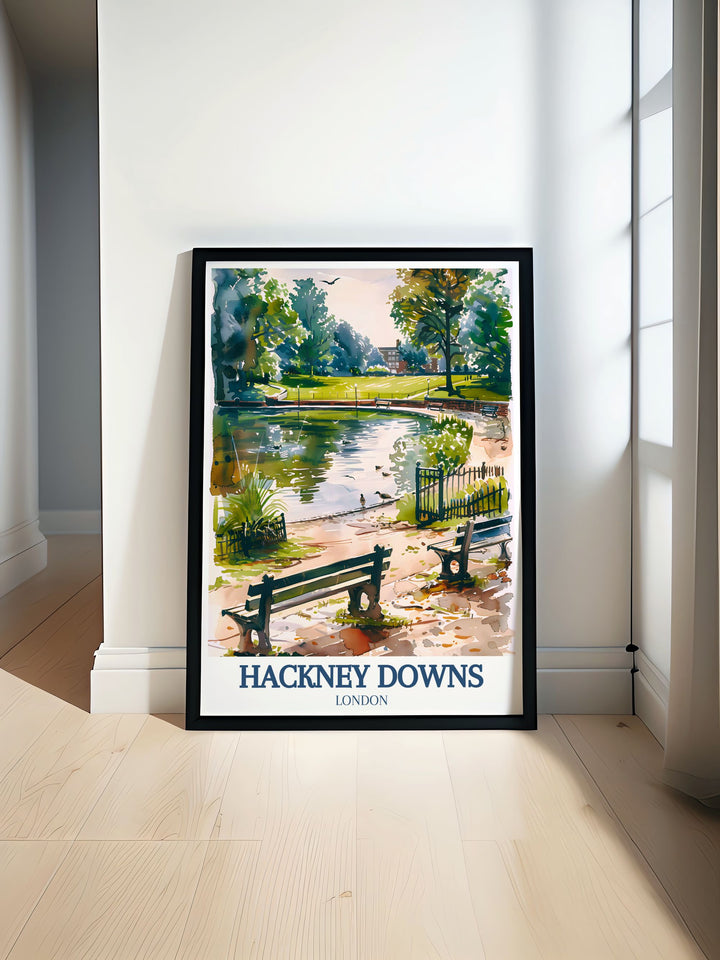 This art print of Hackney Downs features the stunning views of the parks expansive lawns and mature trees, providing a detailed and picturesque view of one of Londons most enchanting regions.