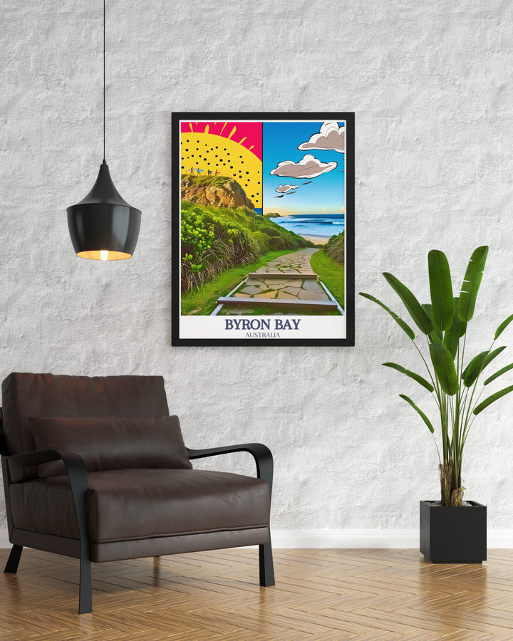 Byron Bay Colorful Print featuring Cape Byron Walking Track and Byron beach. A versatile piece of wall art that enhances any room with its lively depiction of one of Australias most beloved coastal destinations.