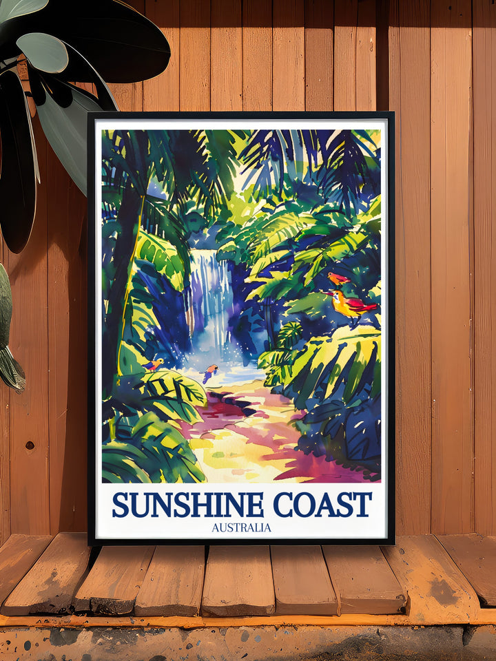 Beautiful Australia wall decor showcasing the lush landscapes of Sunshine Coast hinterland Twinfalls a perfect travel poster for nature lovers and art enthusiasts